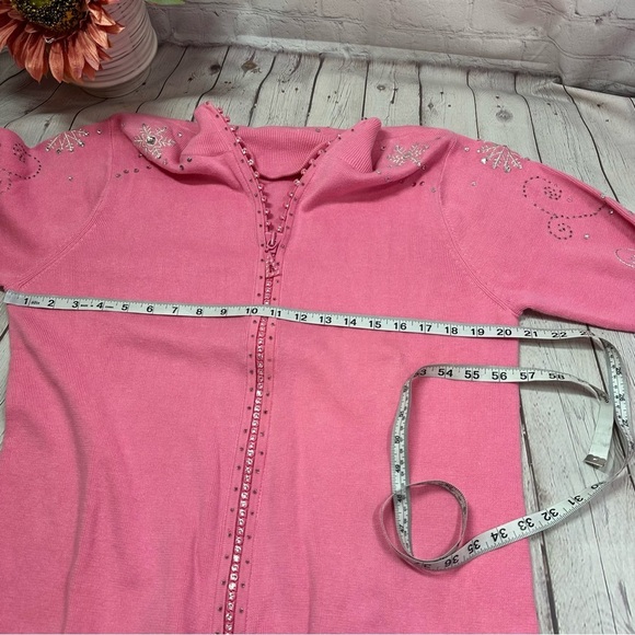 quacker factory pink zip sweater cardigan embroidered embellished sz Med sequins - Picture 7 of 9